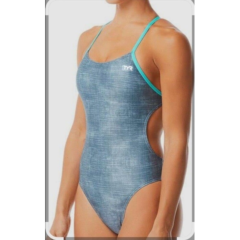 TYR Durafast Women's Grey/Teal Sandblasted Cutoutfit 1 Piece Swim SZ 28 New